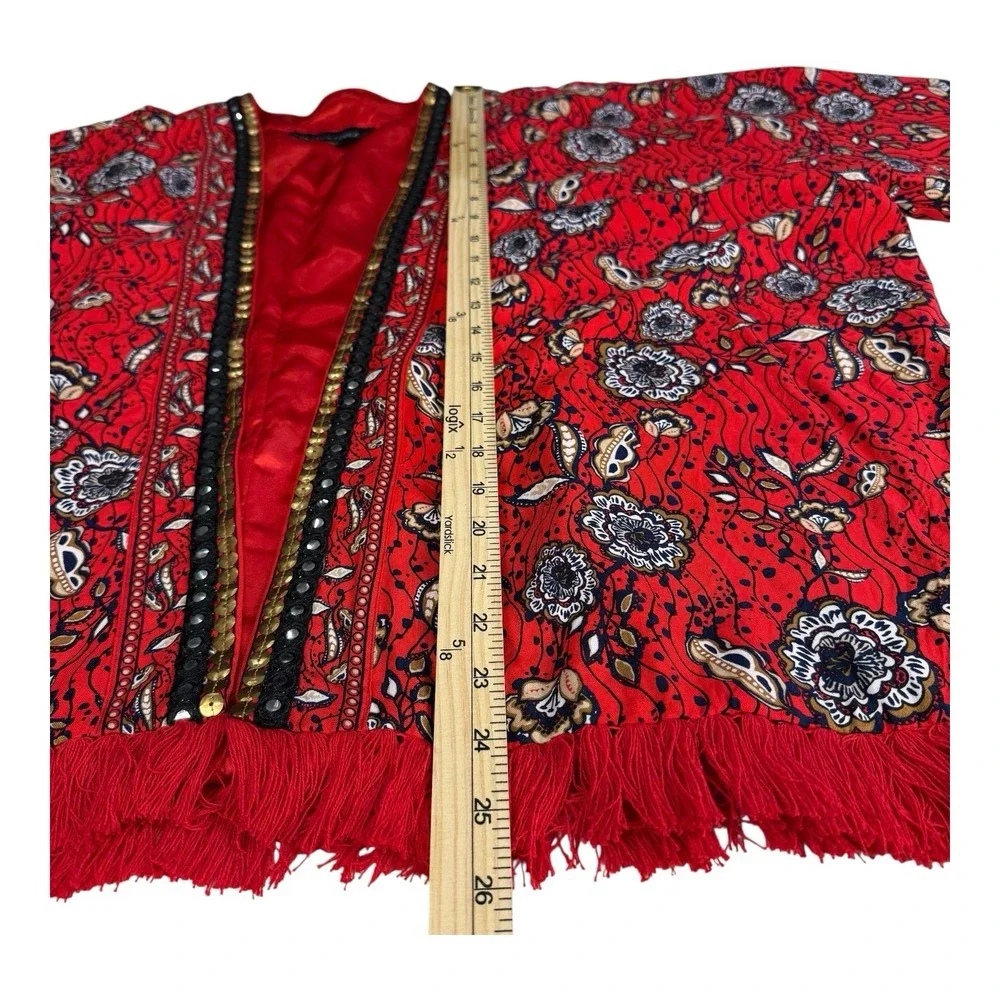 COLLEEN LOPEZ Floral Print Open Jacket Size Large Red Sequin Kimono Crop Fringe
